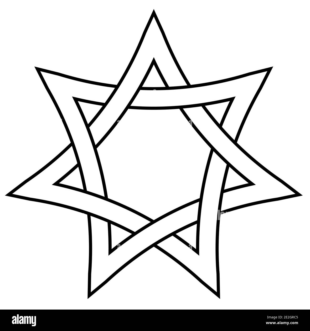 Sieben spitzen Stern mit geflochtenen Seiten, Vektor-Stern david weben Symbol in Umriss-Stil Stock Vektor