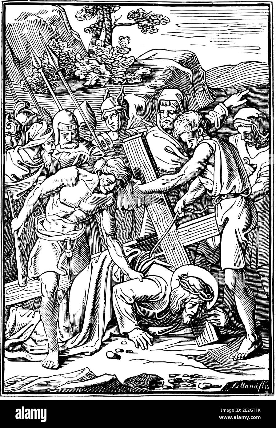 3. Oder 3. Station des Kreuzes oder Kreuzweg oder Via Crucis. Jesus fällt zum ersten Mal.Bibel, Neues Testament. Antike Vintage biblische religiöse Gravur oder Zeichnung. Stock Vektor