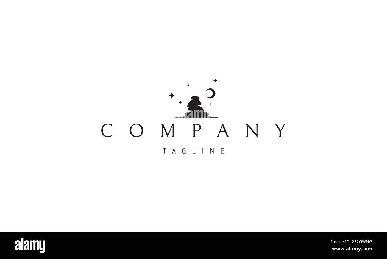 Vektor-Logo, in dem ein abstraktes Bild von einem Garten aus Steinen auf einem Hintergrund von Sternen und dem Mond. Stock Vektor