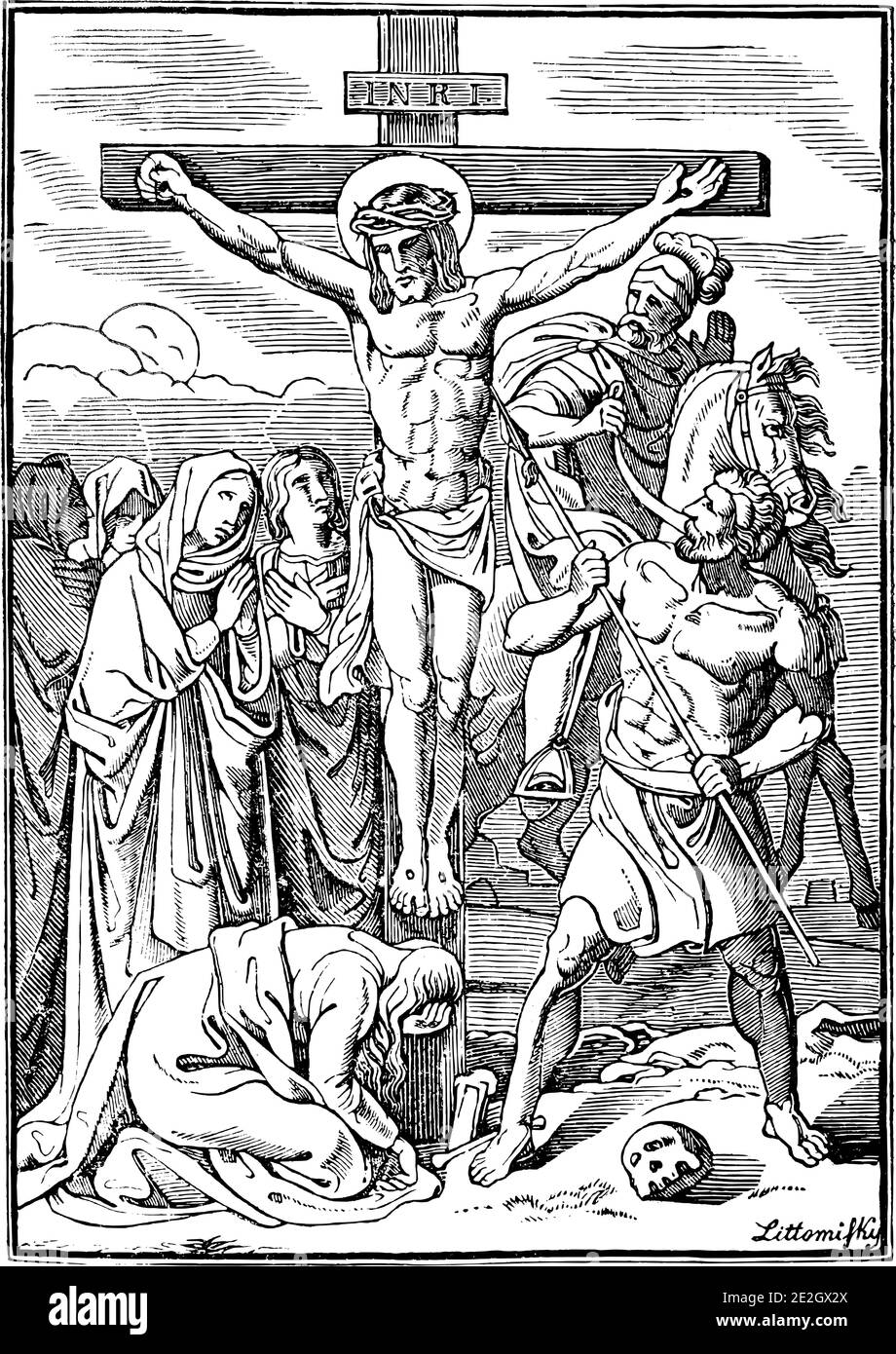 12. Oder 12. Station des Kreuzes oder Kreuzweg oder Via Crucis. Jesus stirbt auf der Cross.Bible, New Testament.Antique Jahrgang biblischen religiösen Gravur oder Zeichnung. Stock Vektor