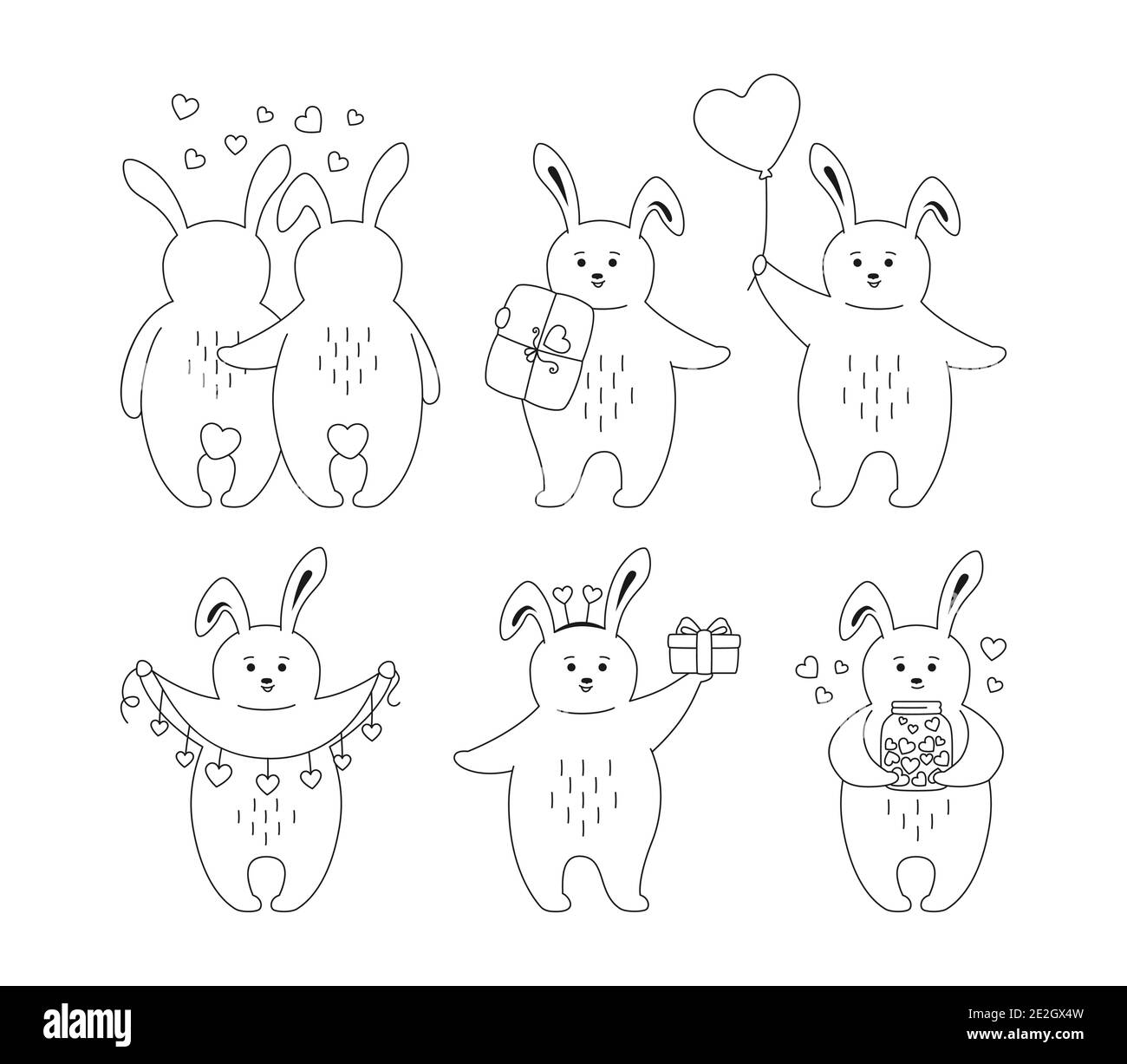 Valentinstag Kaninchen schwarz umrandet gesetzt. Cartoon Figur Tier für Grußkarte mit Tier Kaninchen Umarmung und Liebe. Zeichnen Sie Doodle romantische niedliche Kaninchen. Vektor-Illustration über Liebe, Herzen Stock Vektor