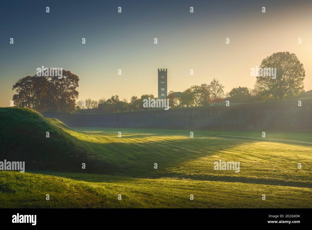 Lucca mittelalterliche Stadtmauern und Bäume. Nebliger Sonnenaufgang im Herbst. Toskana, Italien, Europa. Stockfoto