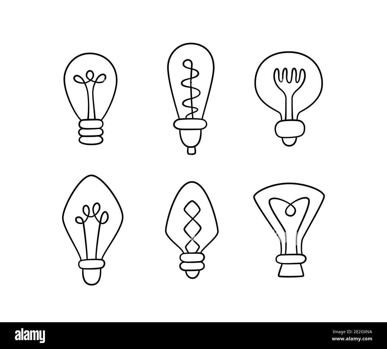 Handgezeichnete Glühlampen. Kollektion von Loft-Lampen im Doodle-Stil. Isolierte Objekte Stock Vektor