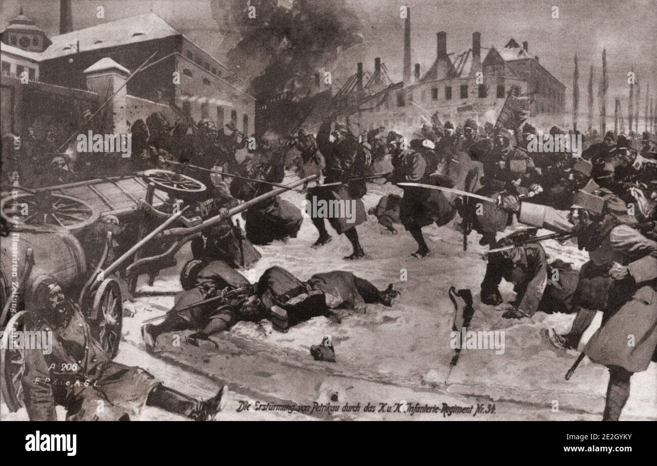 Der erste Weltkrieg. Ostfront. Der Angriff des österreichischen Infanterieregiments auf Petrikau (eine Stadt in Mittelpolen). Stockfoto