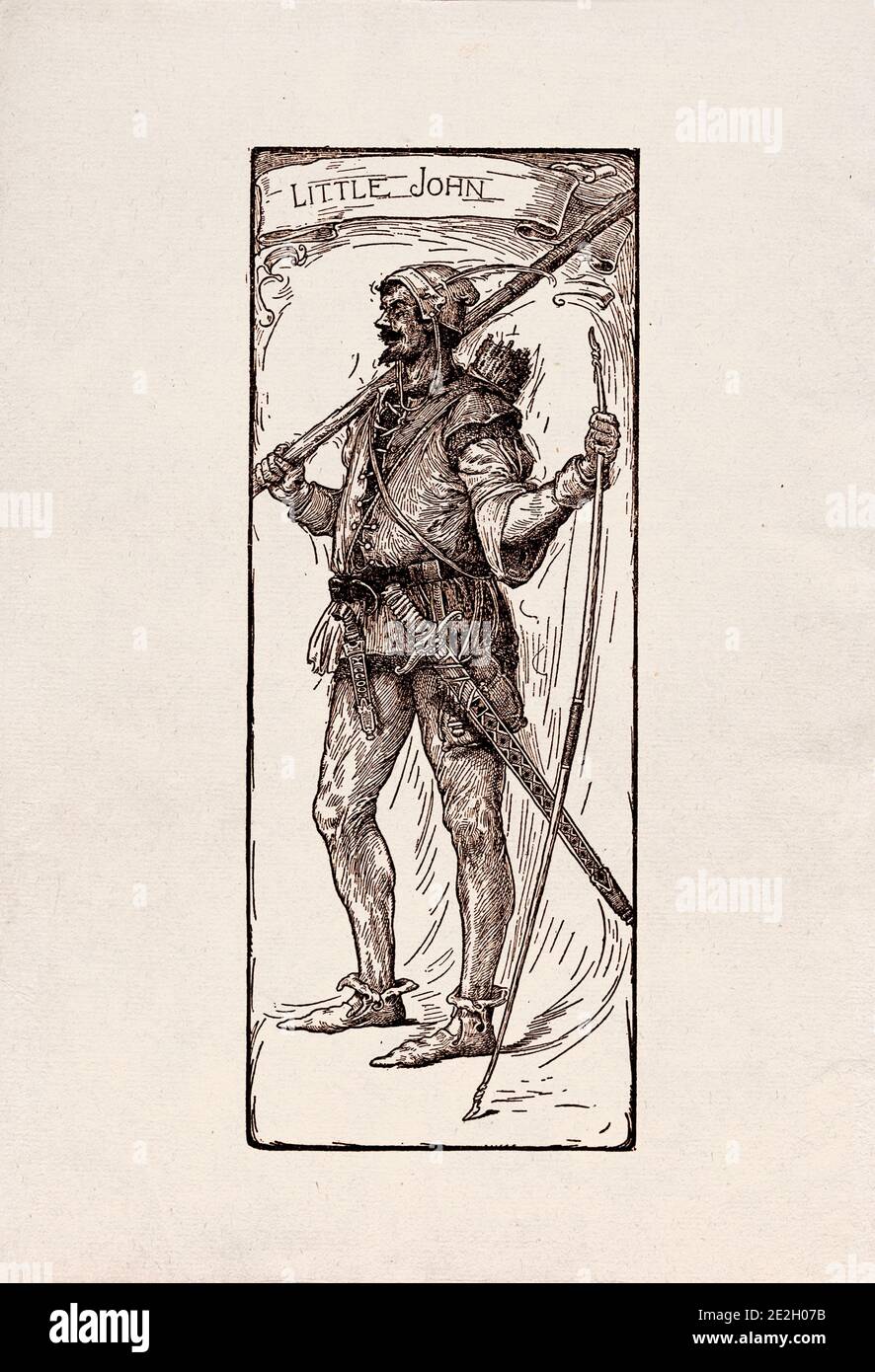 Antike Gravierung von literarischen Figuren aus der englischen Folklore aus den Robin Hood Legenden. Kleiner John. Von Louis Rhead. 1912 Stockfoto