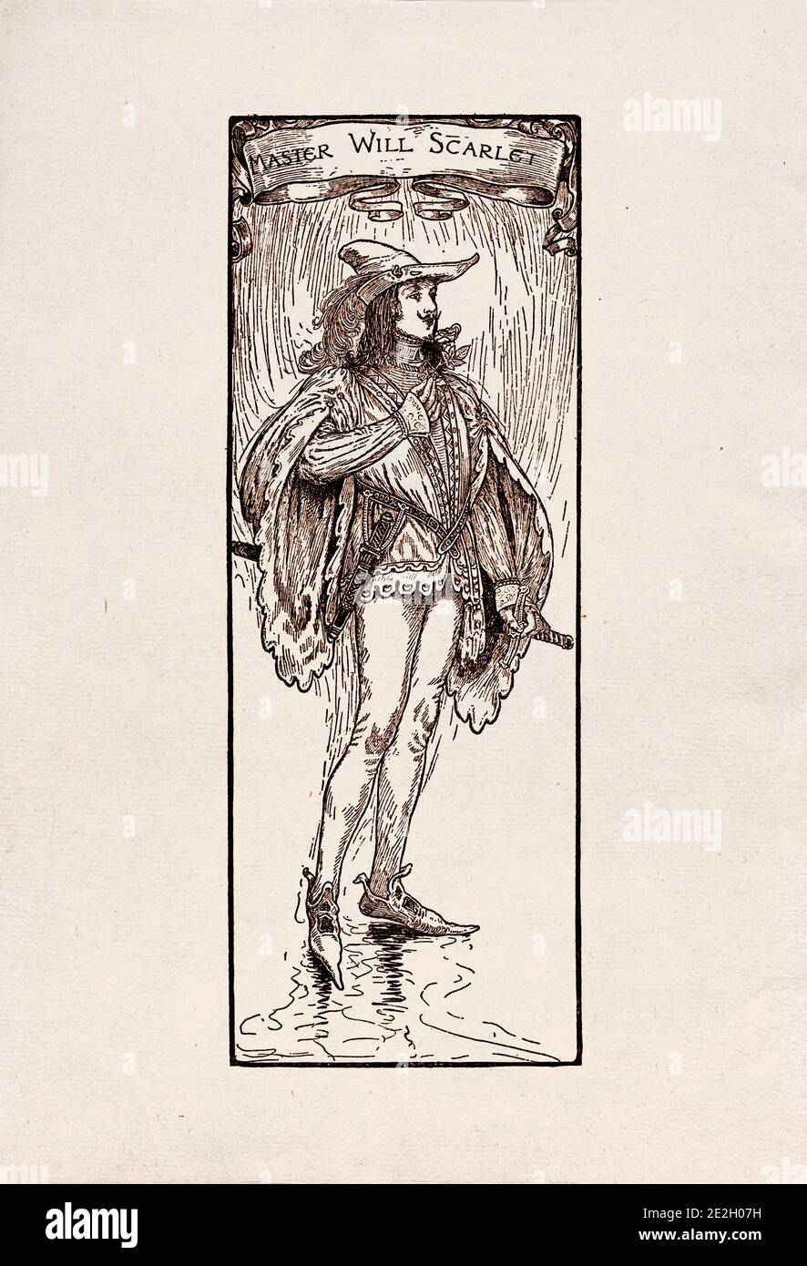 Antike Gravierung von literarischen Figuren aus der englischen Folklore aus den Robin Hood Legenden. Master Will Scarlet. Von Louis Rhead. 1912 Stockfoto