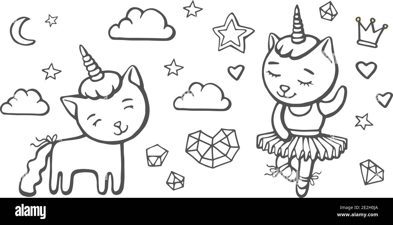 Set von niedlichen und tanzenden Katzen Einhorn mit Horn mit Elementen, Sternen, Wolken, Herzen, Diamanten. Handgezeichnete Vektor-Illustration für T-Shirt-Druck und Stock Vektor