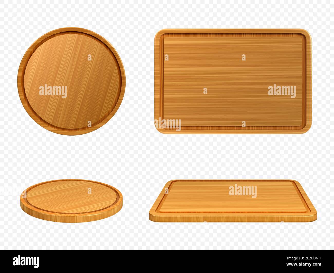 Pizza aus Holz und Schneidebretter von oben oder von vorne. Tabletts aus runden und rechteckigen Formen, natürliche, umweltfreundliche Küchenutensilien aus Holz isoliert auf weißem Hintergrund, realistisches 3d-Vektor-Set Stock Vektor