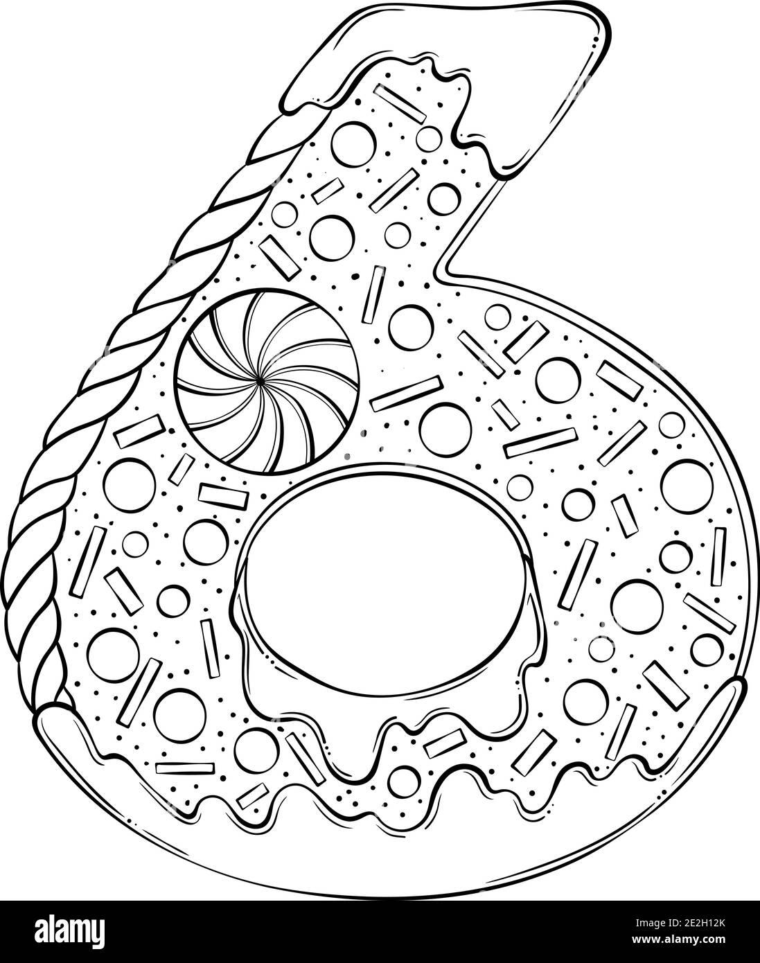 Seriennummer 6. Lebkuchen Cookies in Form von Nummer sechs. Cartoon-Vektor-Schriftart in Hand gezeichnete Linie Art-Stil auf weißem Hintergrund isoliert. Logo-Vorlage für Schriftzüge. Malbuch Design. Stock Vektor