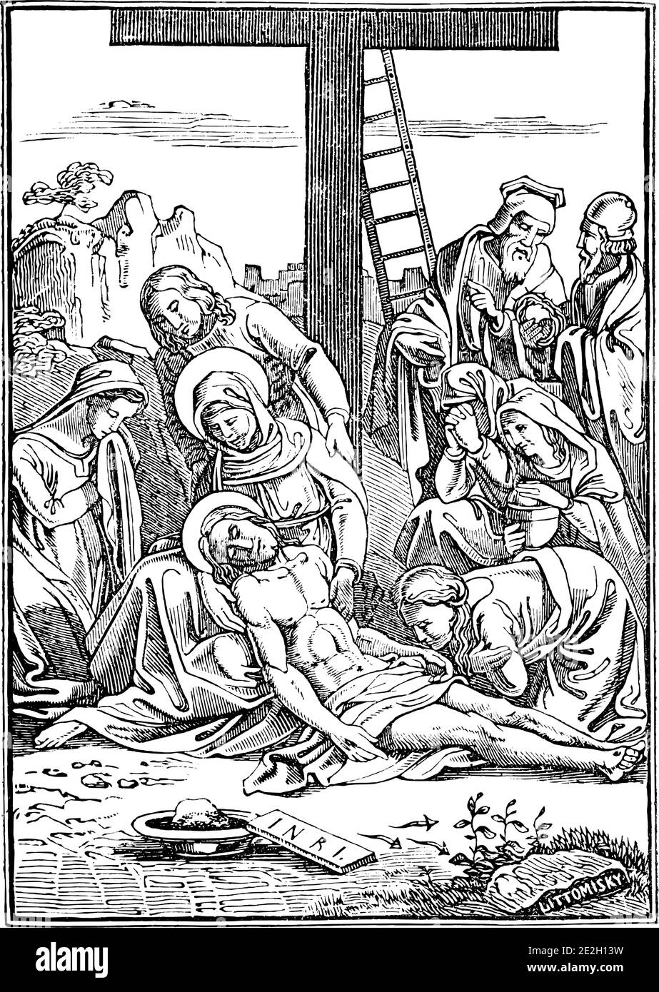 13. Oder 13. Station des Kreuzes oder Kreuzweg oder Via Crucis. Jesus wird von der Cross.Bible, New Testament.Antique Vintage biblischen religiösen Gravur oder Zeichnung genommen. Stock Vektor