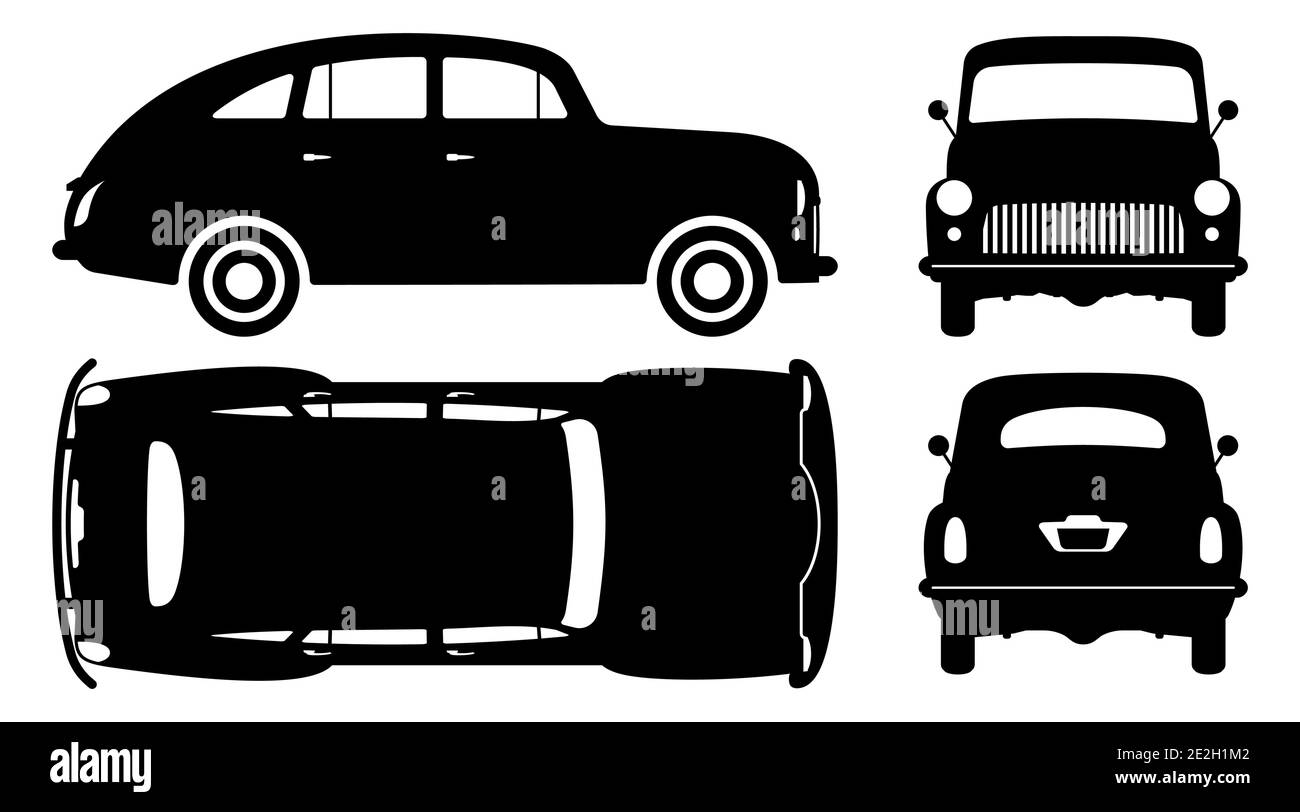 Oldtimer Silhouette auf weißem Hintergrund. Fahrzeugsymbole Ansicht von der Seite, vorne, hinten, oben Stock Vektor