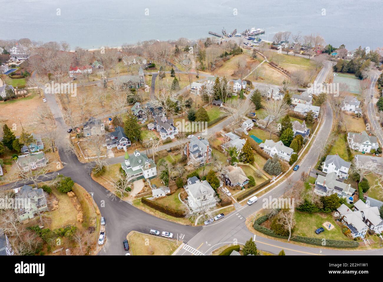 Luftaufnahme der Shelter Island Heights, Shelter Island, NY Stockfoto