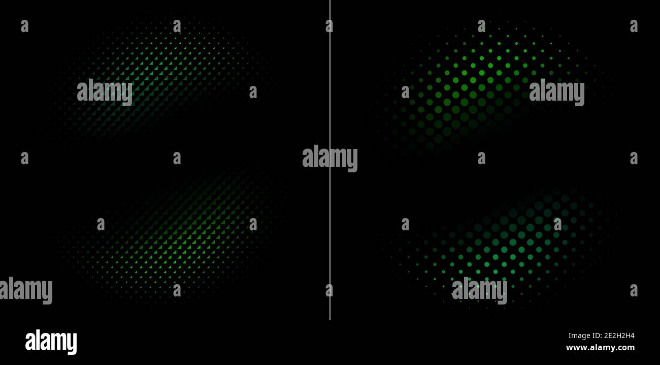 Zwei abstrakte halbfarbige grüne Formen aus Dreiecken und Punkten auf schwarzem Hintergrund. Gepunktetes Muster für Vorlage, Broschüre, Visitenkarte, Webseite usw. Stockfoto