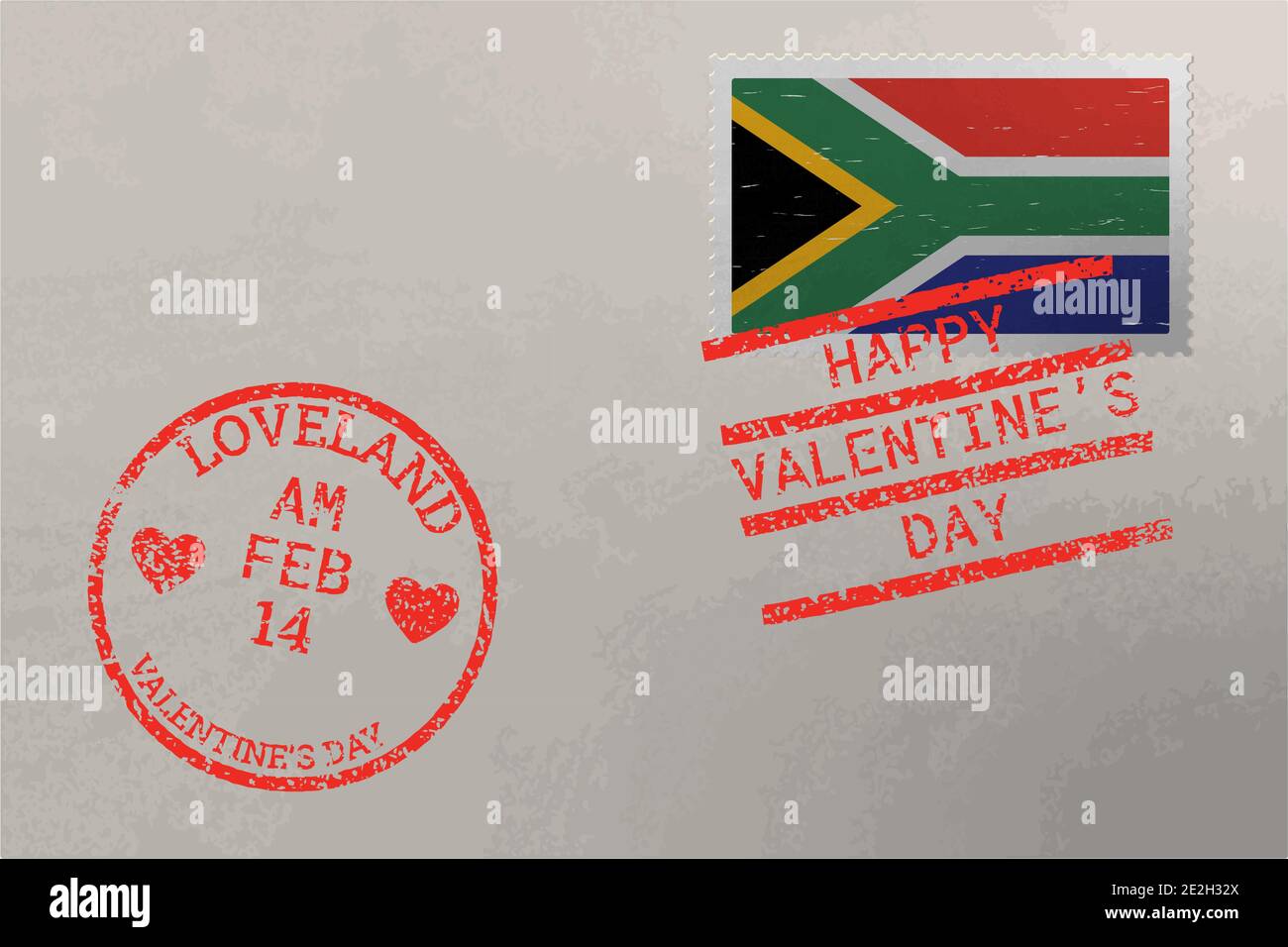 Briefmarkenumschlag mit Südafrika Flagge und Valentinstag Briefmarken, Vektor Stock Vektor