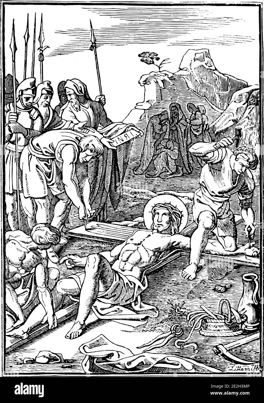 11. Oder 11. Station des Kreuzes oder Kreuzweg oder Via Crucis. Jesus wird an das Kreuz genagelt.Bibel, Neues Testament.Antique Jahrgang biblischen religiösen Gravur oder Zeichnung. Stock Vektor