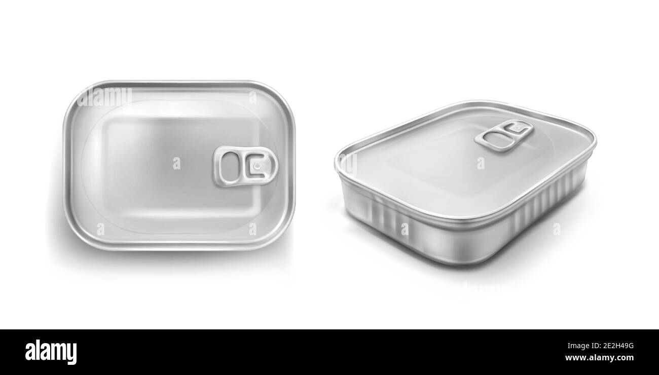 Sardine Dose mit Zugring mockup oben und Winkel Ansicht. Glas aus Lebensmittelmetall mit geschlossenem Deckel, silberfarbenes Aluminium-Rechteck bewahrt Behälter isoliert auf weißem Hintergrund, realistische 3d-Vektor-Symbole Stock Vektor