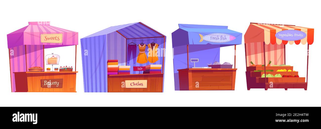 Marktstände, Messestände, Holzkiosk mit gestreifter Markise, Kleidung, Bäckerei und Lebensmittel. Holzverkäuferzähler mit Sonnenschirm für den Straßenhandel. Outdoor-Einzelhandel Platz, isolierte Cartoon-Vektor-Set Stock Vektor