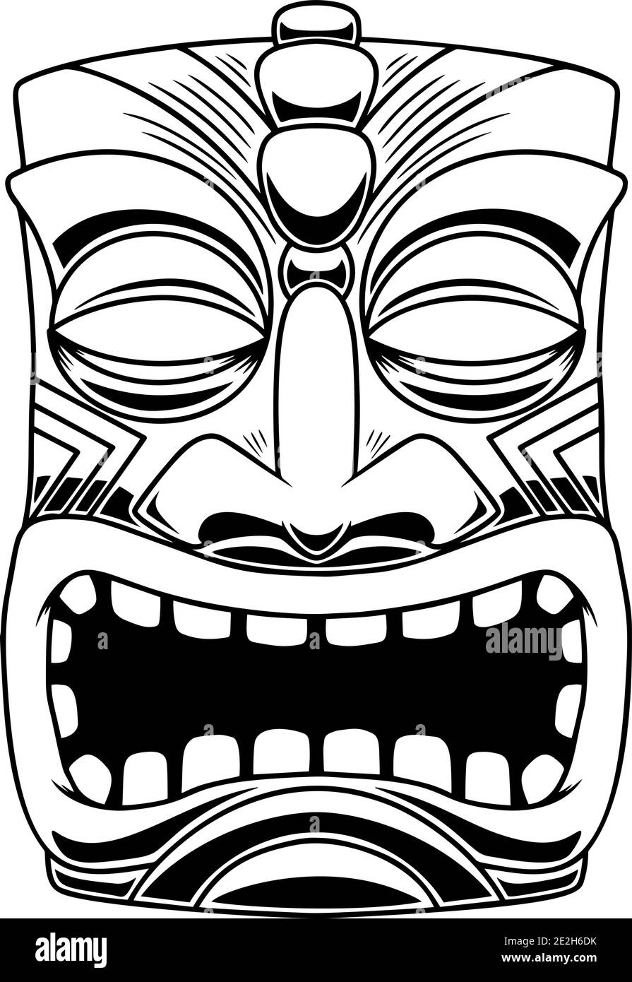 Illustration der Tiki Tribal Holzmaske. Gestaltungselement für Logo, Emblem, Schild, Plakat, Karte, Banner. Vektorgrafik Stock Vektor