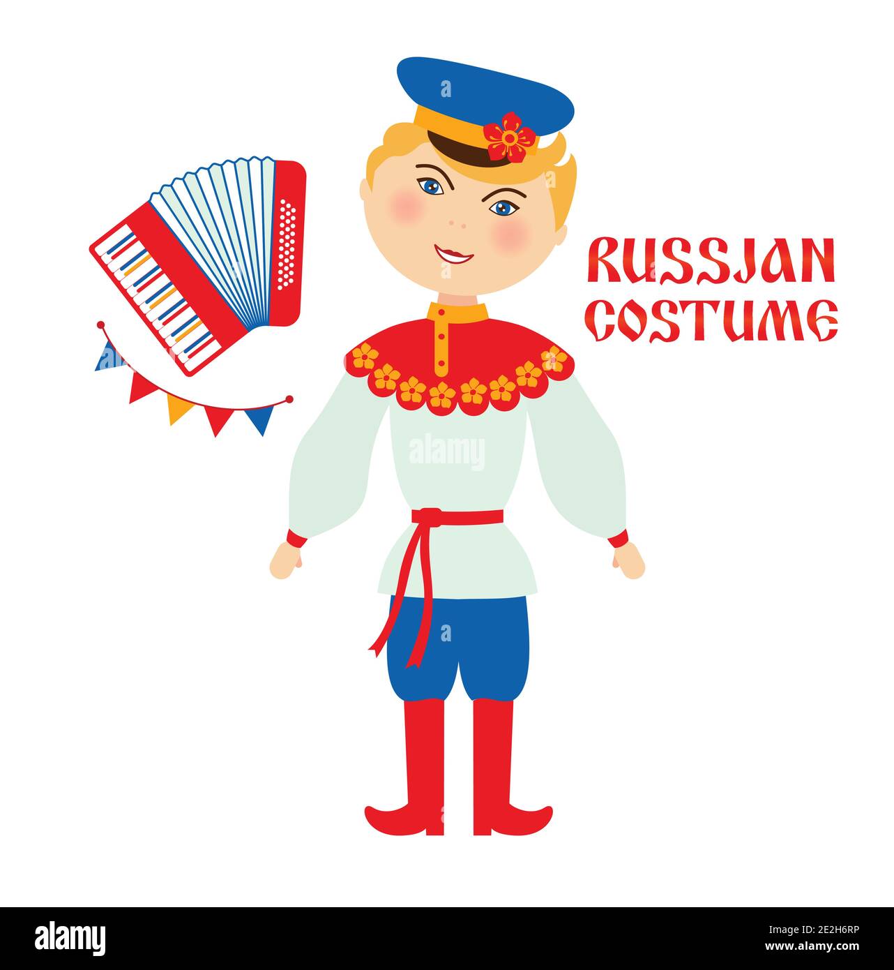 Russische Volkskostüm flache Vektor-Illustration. Mann und Frau tragen traditionelle Kleidung Comic-Figuren. Mädchen in roten Sarafan und nationale Kopfbedeckung Stock Vektor