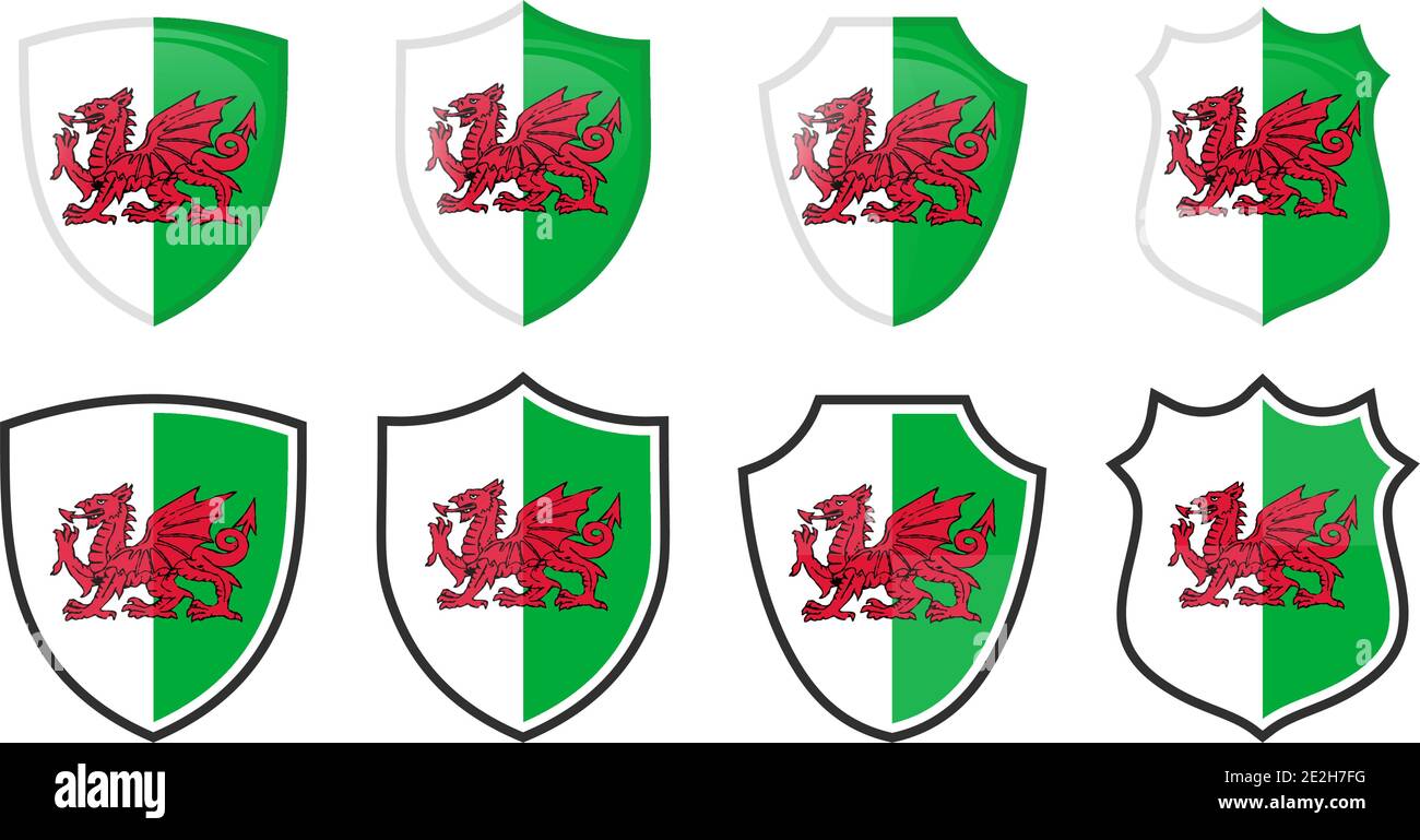 Vertikale Wales Flagge in Schildform, vier 3d und einfache Versionen. Walisisches Symbol / Zeichen Stock Vektor