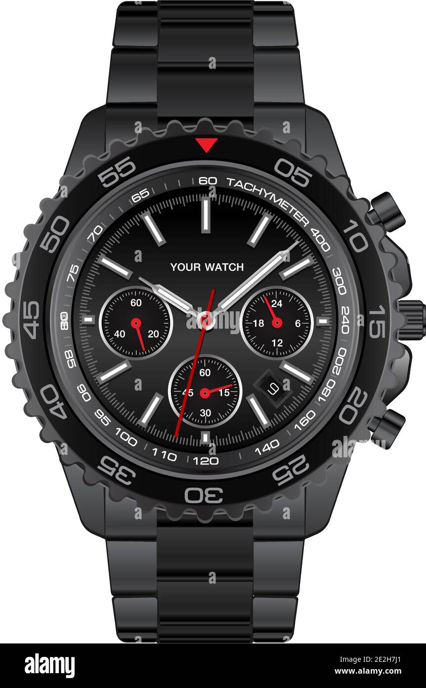 Realistische schwarze Stahl Uhr Chronograph auf weißem Hintergrund Design für Männer Luxus-Vektor-Illustration. Stock Vektor