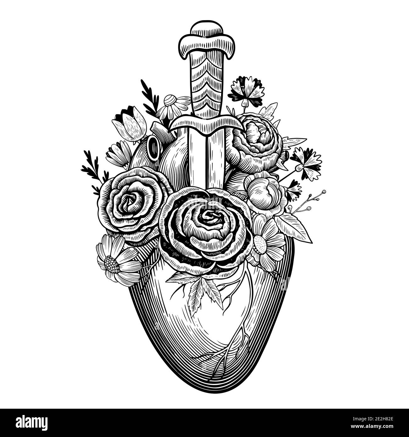 Vintage Illustration Des Herzens Durchbohrt Von Dolch Mit Blumen In Tattoo Gravur Stil Schwarz Weiss Vektorzeichnung Stock Vektorgrafik Alamy
