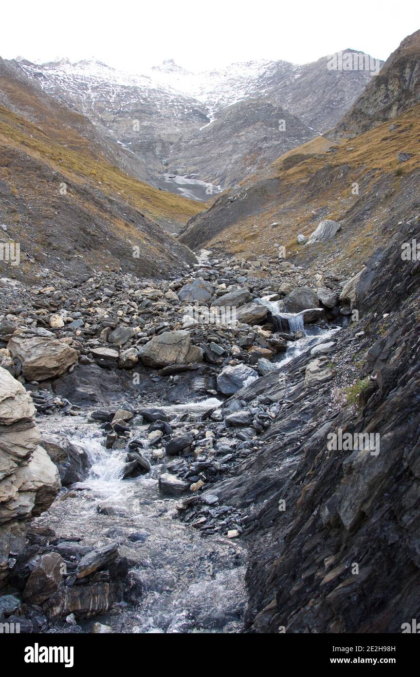 Herbst in den schweizer alpen fließt von den verschneiten Gipfeln ein Gebirgsbach über herbstliche braune Wiesen. Hochwertige Fotos Stockfoto