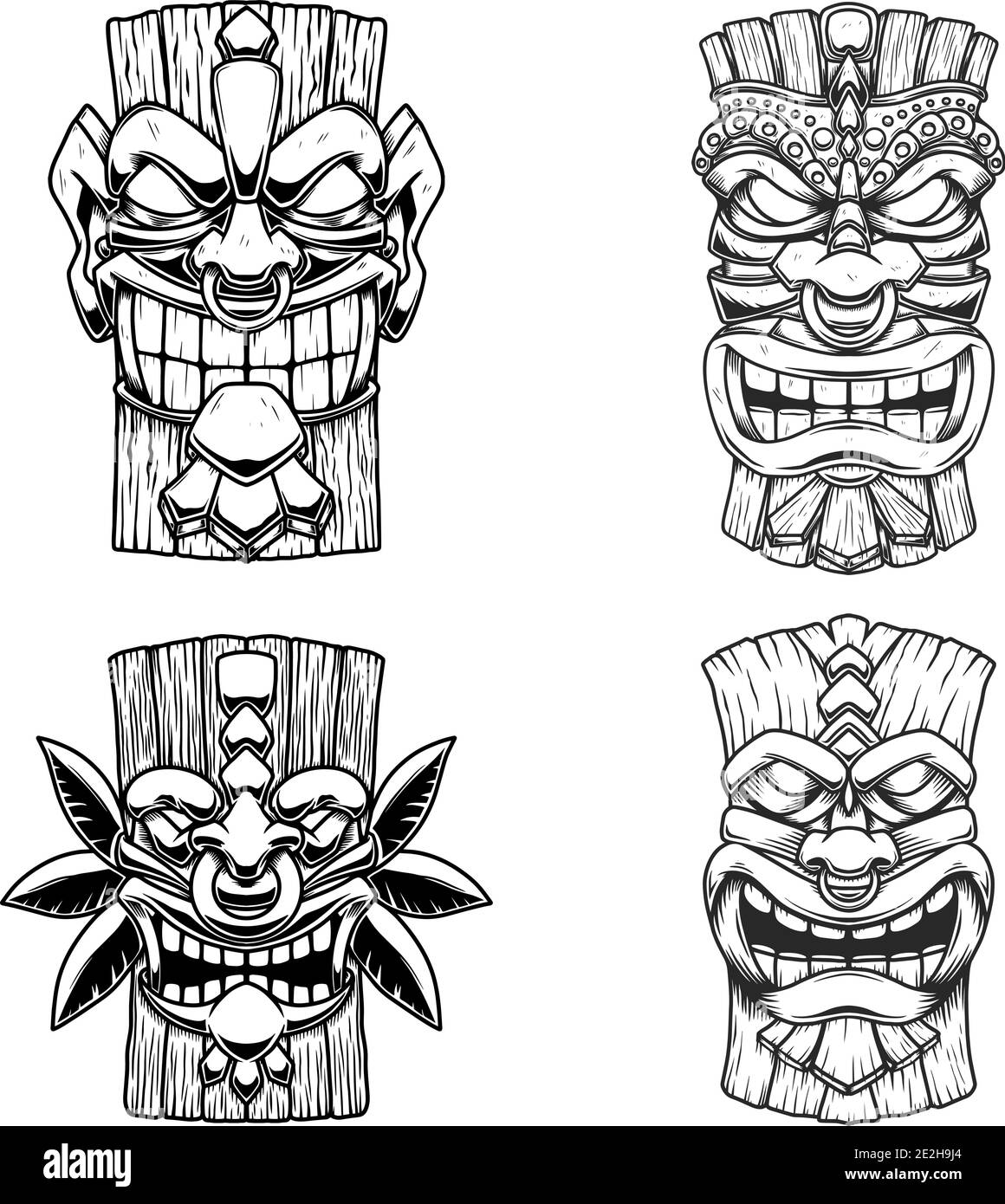 Sет Illustrationen von Tiki Tribal Holzmaske. Gestaltungselement für Logo, Emblem, Schild, Plakat, Karte, Banner. Vektorgrafik Stock Vektor