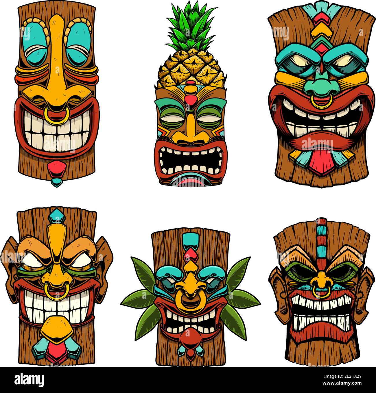 Сет Illustrationen von Tiki Tribal Holzmaske. Gestaltungselement für Logo, Emblem, Schild, Plakat, Karte, Banner. Vektorgrafik Stock Vektor