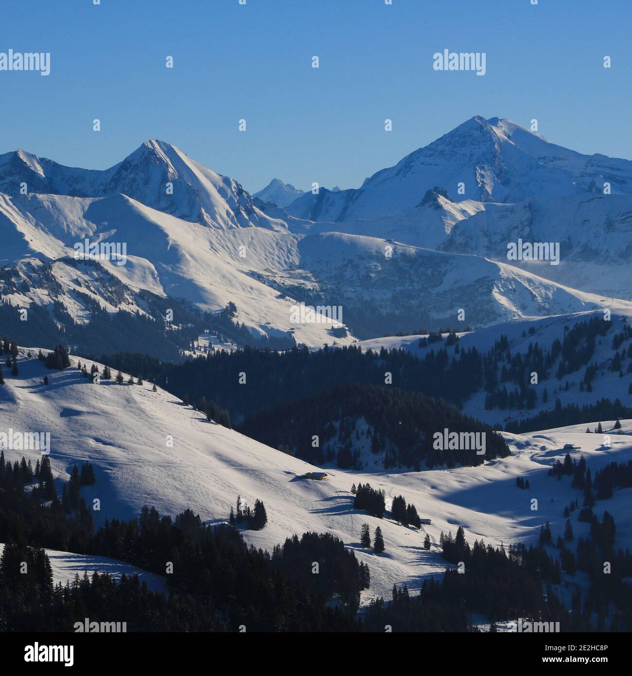 Gebirgszüge des Berner Oberlandes im Winter. Wildstrubel und andere hohe Berge. Stockfoto