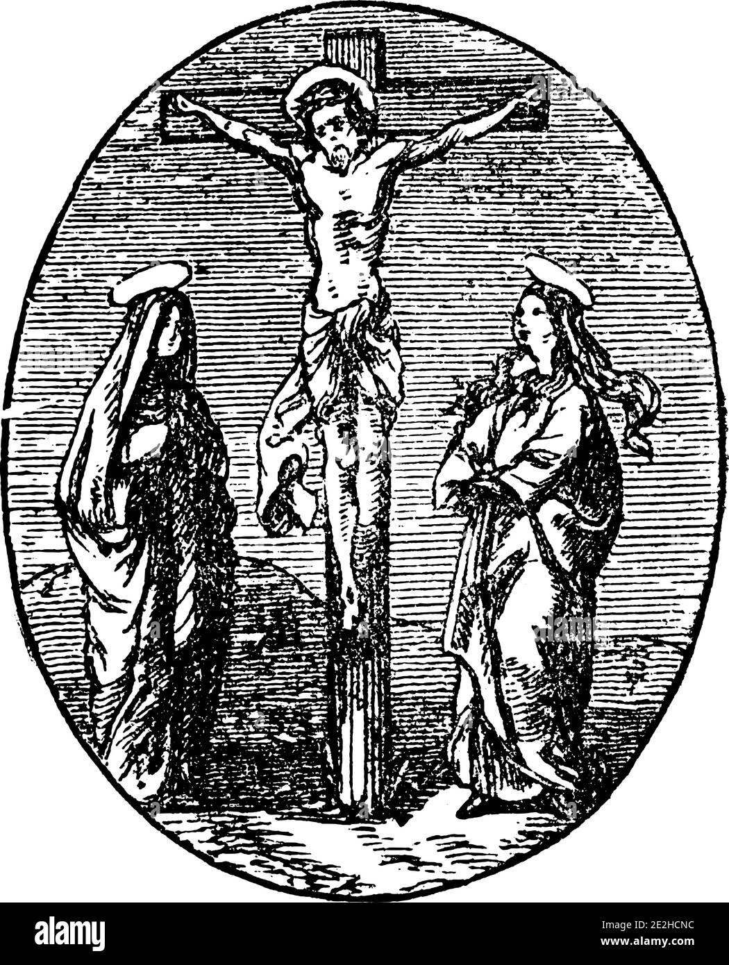 12. Oder 12. Station des Kreuzes oder Kreuzweg oder Via Crucis. Jesus stirbt auf der Cross.Bible, New Testament.Antique Jahrgang biblischen religiösen Gravur oder Zeichnung. Stock Vektor