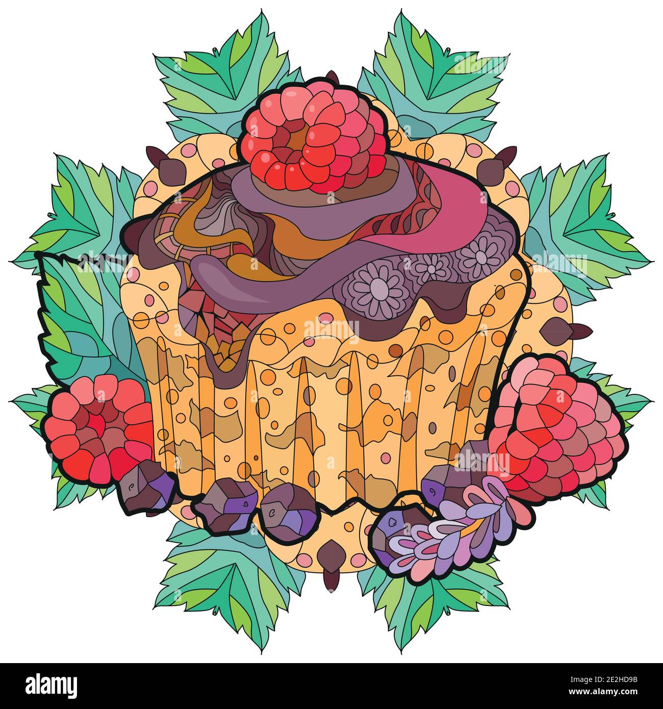 Vector Cupcake mit Schokolade und Himbeere mit abstrakten Ornamenten. Handgezeichnete Illustration für T-Shirt in zentangle, Doodle Stil. Stock Vektor