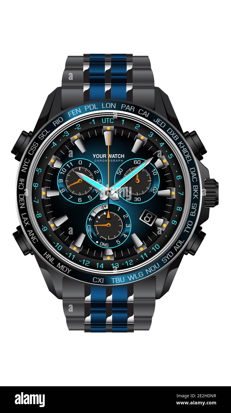Realistische Uhr Chronograph blau dunkelgrau Metall Stahl Design für Männer auf weißem Hintergrund Vektor-Illustration. Stock Vektor
