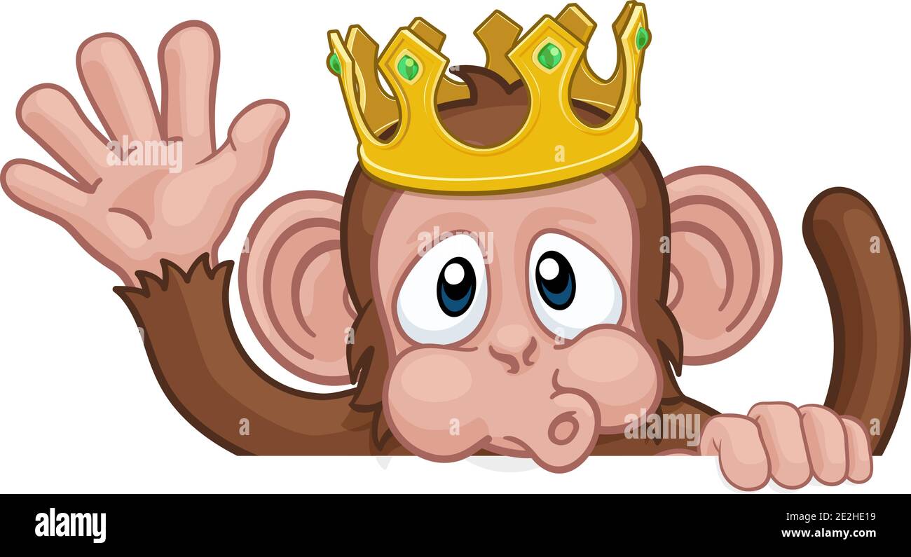 Affenkönig Krone Cartoon Tier Zeichen Winken Stock Vektor