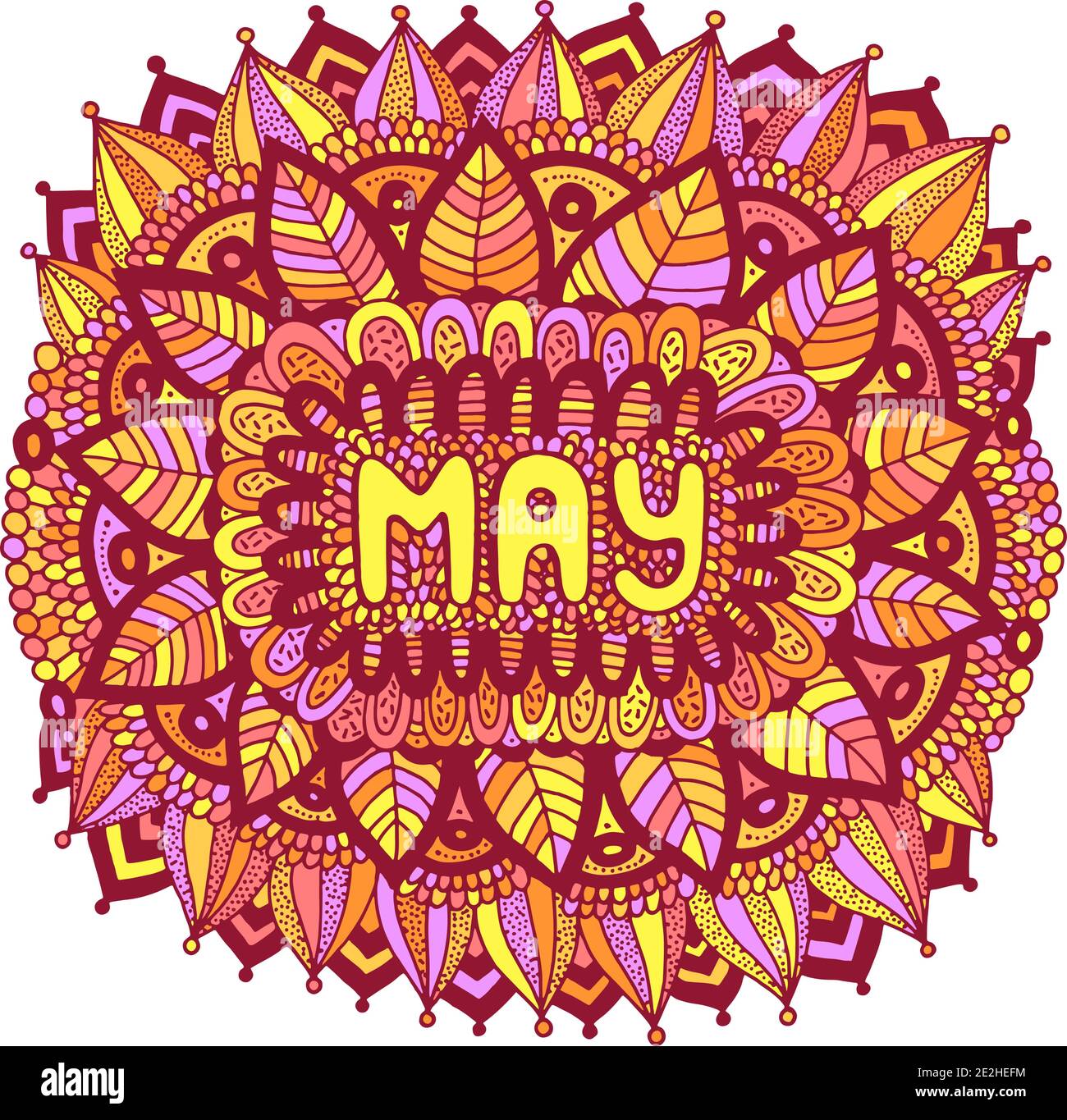 Mai - farbenfrohe Illustration mit Monatsnamen. Helle zendoodle Mandala mit Monaten des Jahres. Jahr monatlich Kalender Design Art. Zentangle Stil Kunst Stock Vektor