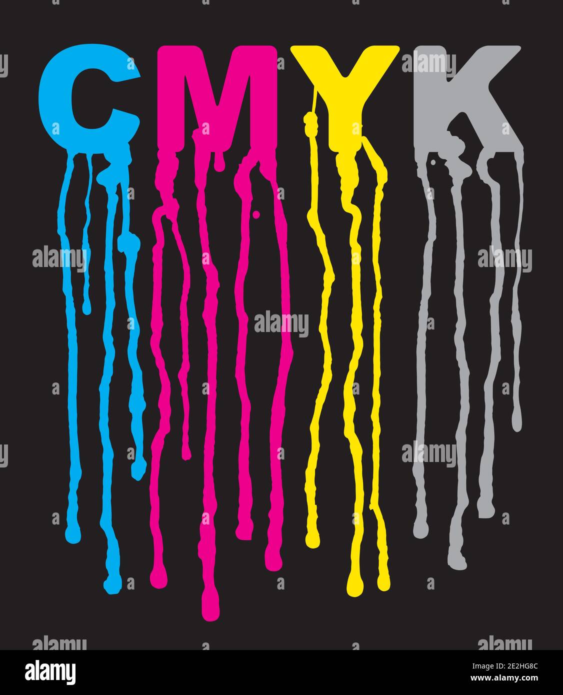 Fließende Farbe, CMYK-Druckfarben. Abbildung mit CMYK-Beschriftung mit tropfender Farbe. Konzept zur Präsentation des Farbdrucks. Vektor verfügbar. Stock Vektor