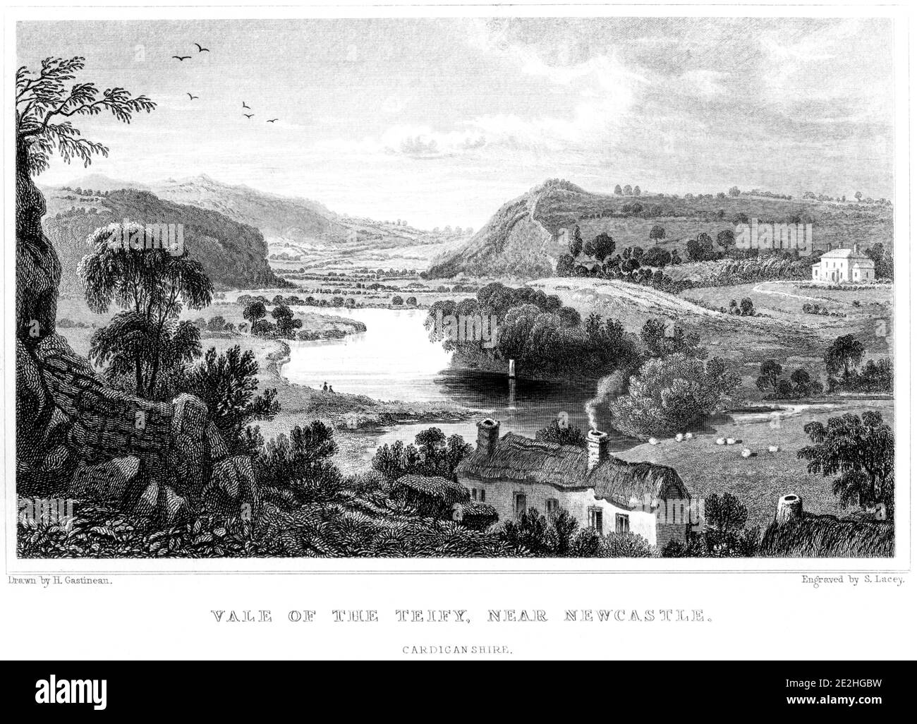 Eine Gravur des Tales der Teify bei Newcastle (Emlyn), Cardiganshire, gescannt mit hoher Auflösung aus einem Buch im Jahr 1854 veröffentlicht. Stockfoto