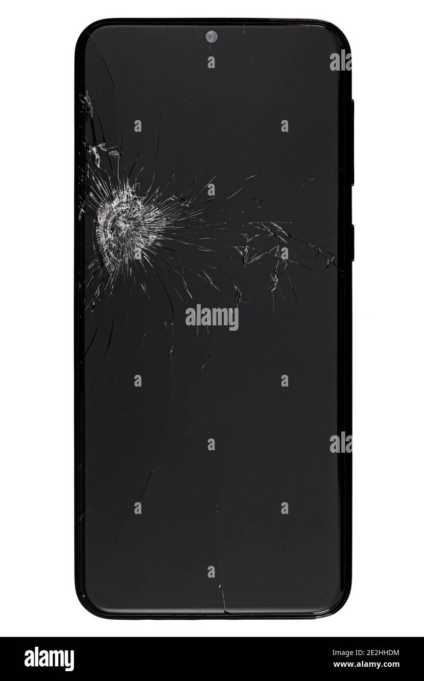 Smartphone mit kaputtem Display, isoliert auf weißem Hintergrund Stockfoto