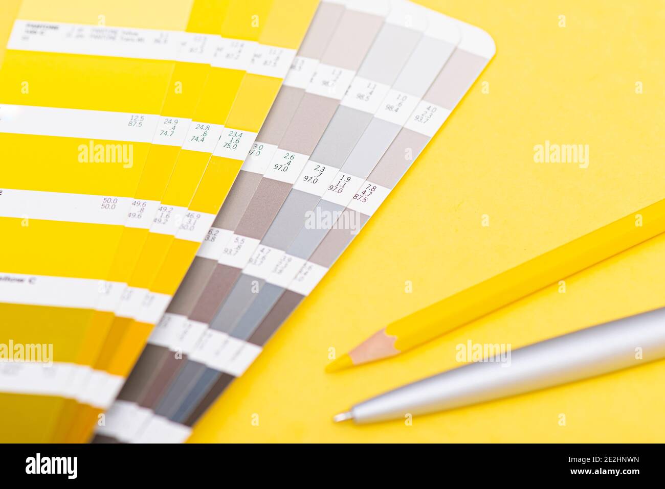 Farbpalette mit Farbe des Jahres 2021 - leuchtendes Gelb und neutrales Grau, Layout, Farbschablone Stockfoto