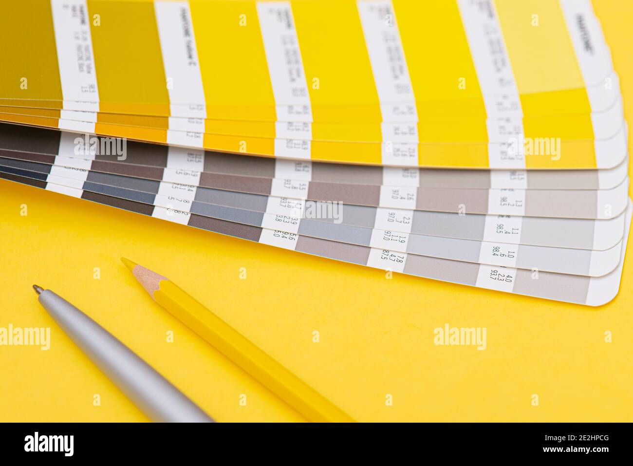 Farbpalette mit Farbe des Jahres 2021 - leuchtendes Gelb und neutrales Grau, Layout, Farbschablone Stockfoto