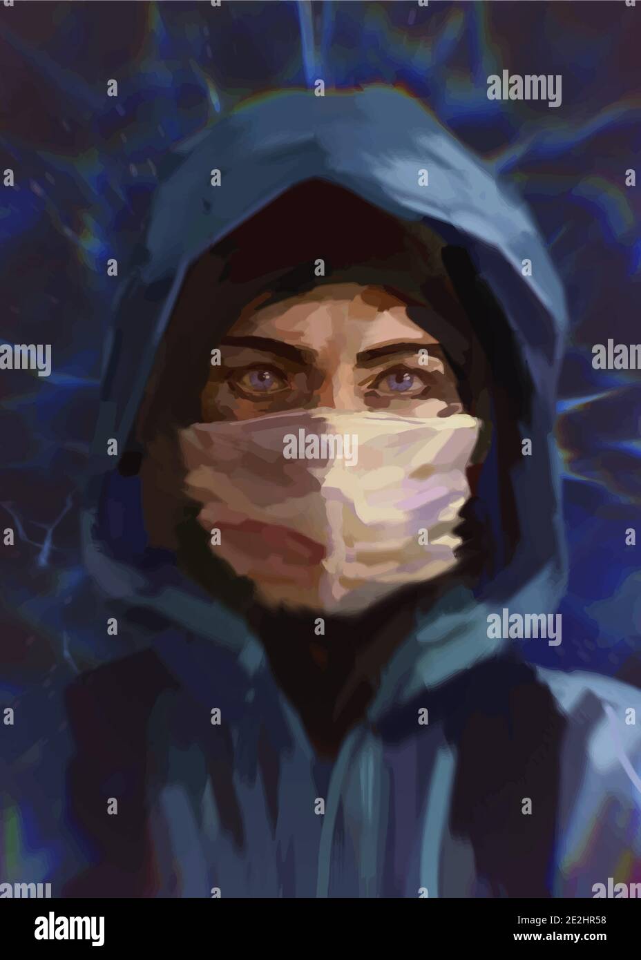 Mann in blauer Jacke mit weißer Maske, Konzeptdarstellung Stock Vektor