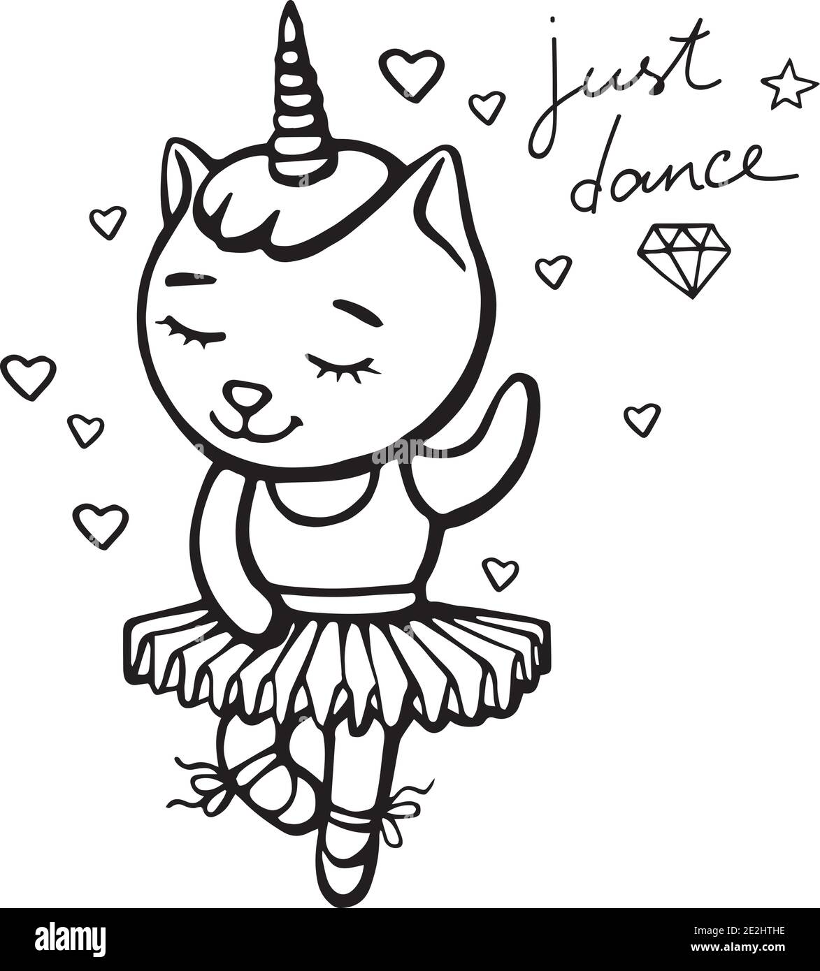 Niedliche weiße tanzende Katze Einhorn mit Horn auf weißem Hintergrund mit Herzen. Handgezeichnete Vektor-Illustration für T-Shirt-Druck und Stickerei. Stock Vektor