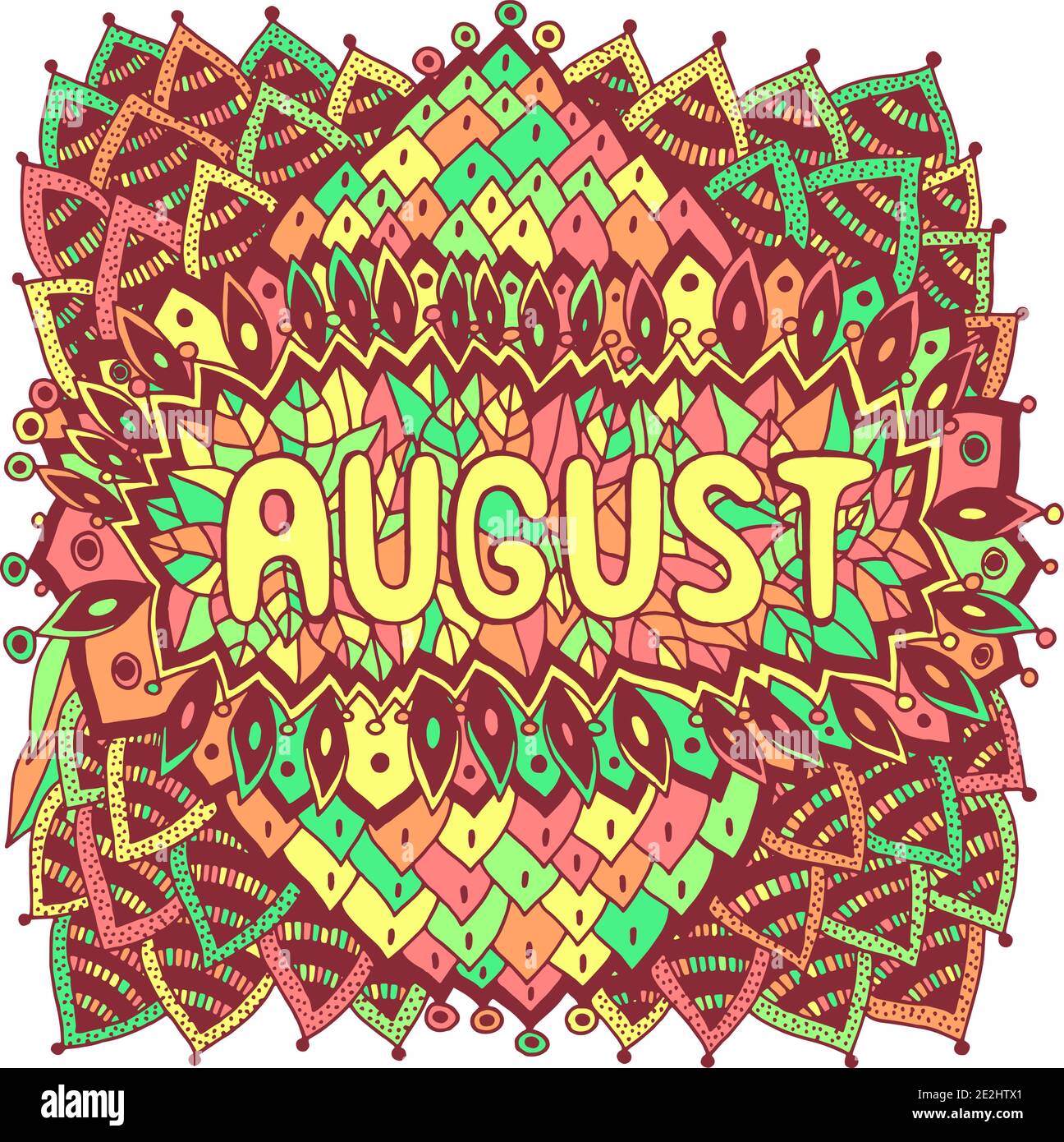 August - Bunte Illustration mit Monatsnamen. Helle zendoodle Mandala mit Monaten des Jahres. Jahr Monatskalender Design Kunst. Zentangle Stil Stock Vektor