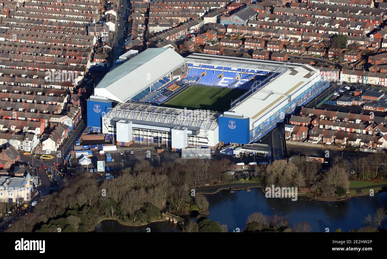 Luftaufnahme des Fußballstadions des Everton FC Goodison Park in Liverpool Stockfoto