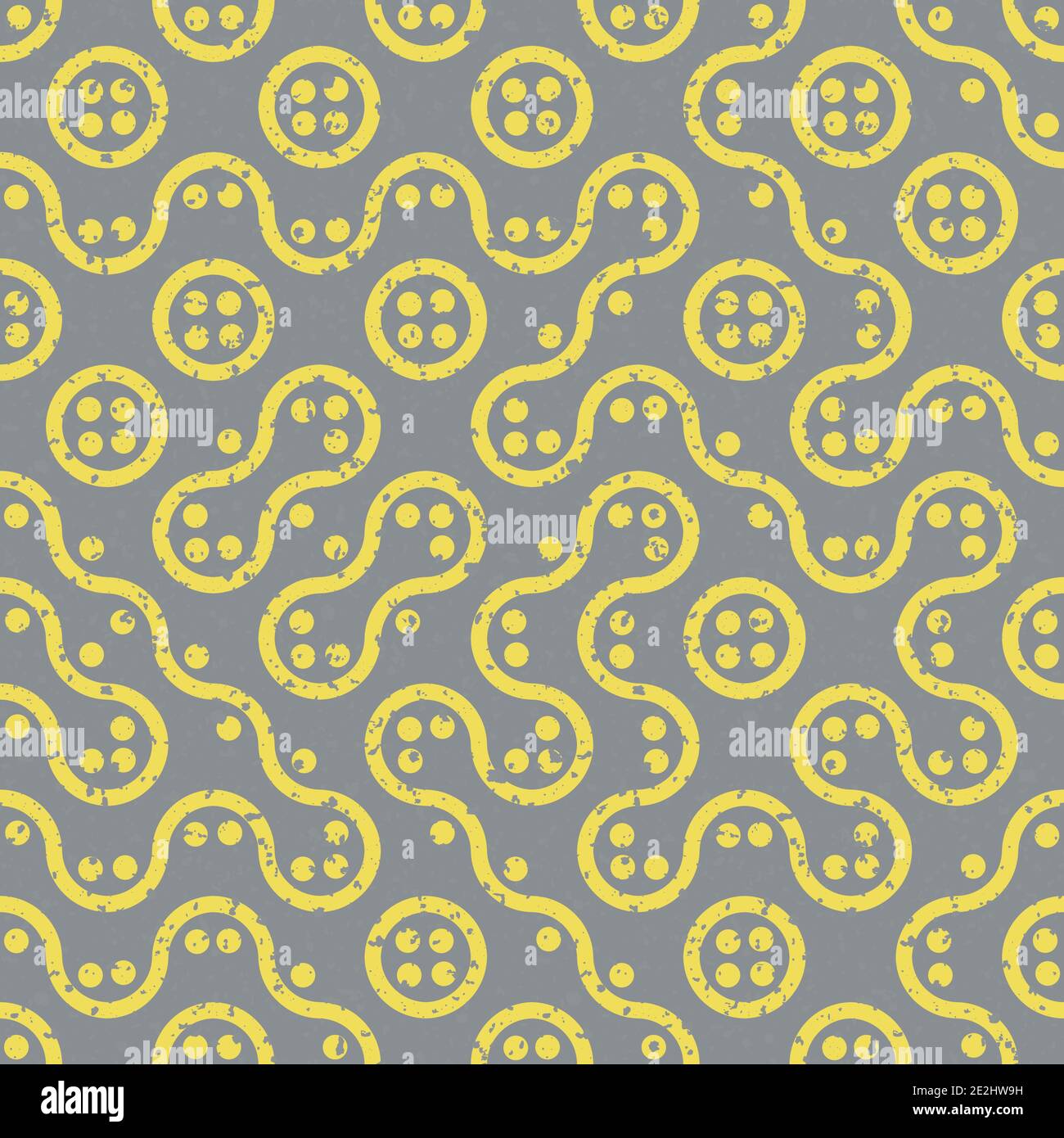 Truchet generative Kunst zufällige Kreise und wellige Linien Vektor nahtlose Muster Hintergrund. Hintergrund mit gelben und grauen Wellenformen, kreisförmigen Formen und Punkten Stock Vektor