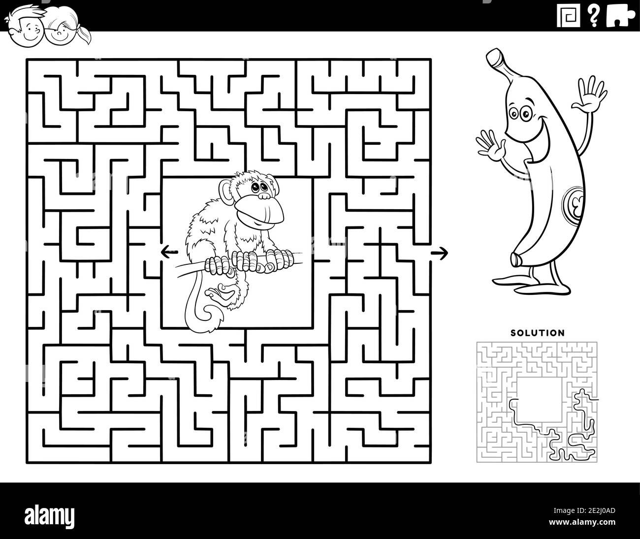 Schwarz und Weiß Cartoon Illustration von pädagogischen Labyrinth Puzzle-Spiel Für Kinder mit lustigen Affen und Banane Malbuch Seite Stock Vektor