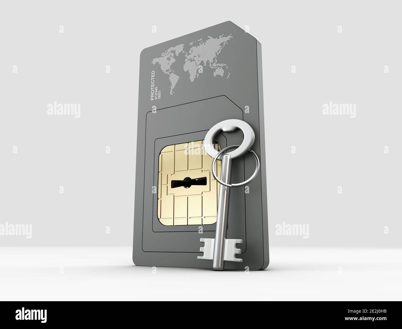 3d-Rendering von Simcard mit Schlüssel, Schutzkonzept, Clipping-Pfad enthalten Stockfoto