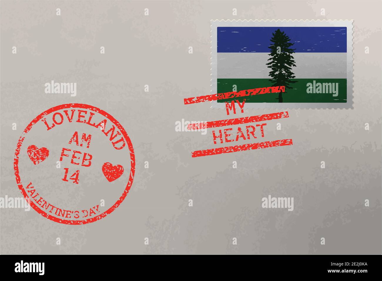 Briefmarkenumschlag mit Cascadia Flagge und Valentinstag Briefmarken, Vektor Stock Vektor