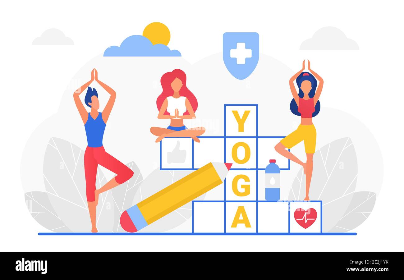 Yoga Kreuzworträtsel Vektor Illustration. Cartoon Mann Frau Yogist Charaktere Team tun Sport-Training aus yogi Posen, meditieren, Stretching gesunden Körper, Kreuzworträtsel mit Yoga Wort isoliert auf weiß Stock Vektor