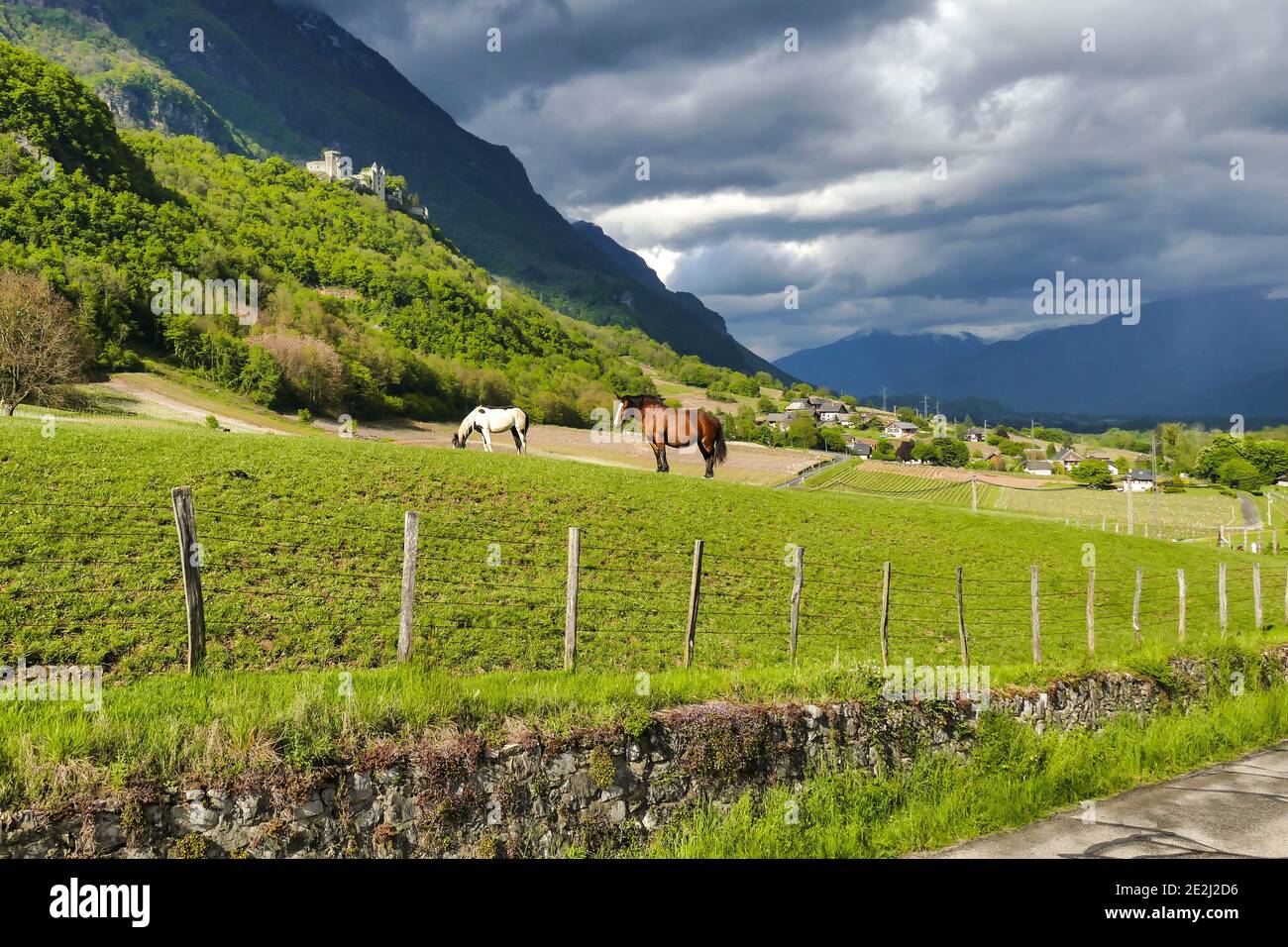 Saint-Pierre-d'Albigny (Südostfrankreich): Das Schloss Miolans, das 550 Meter über dem Meeresspiegel am Fuße des Arclusaz-Gipfels und darüber liegt Stockfoto